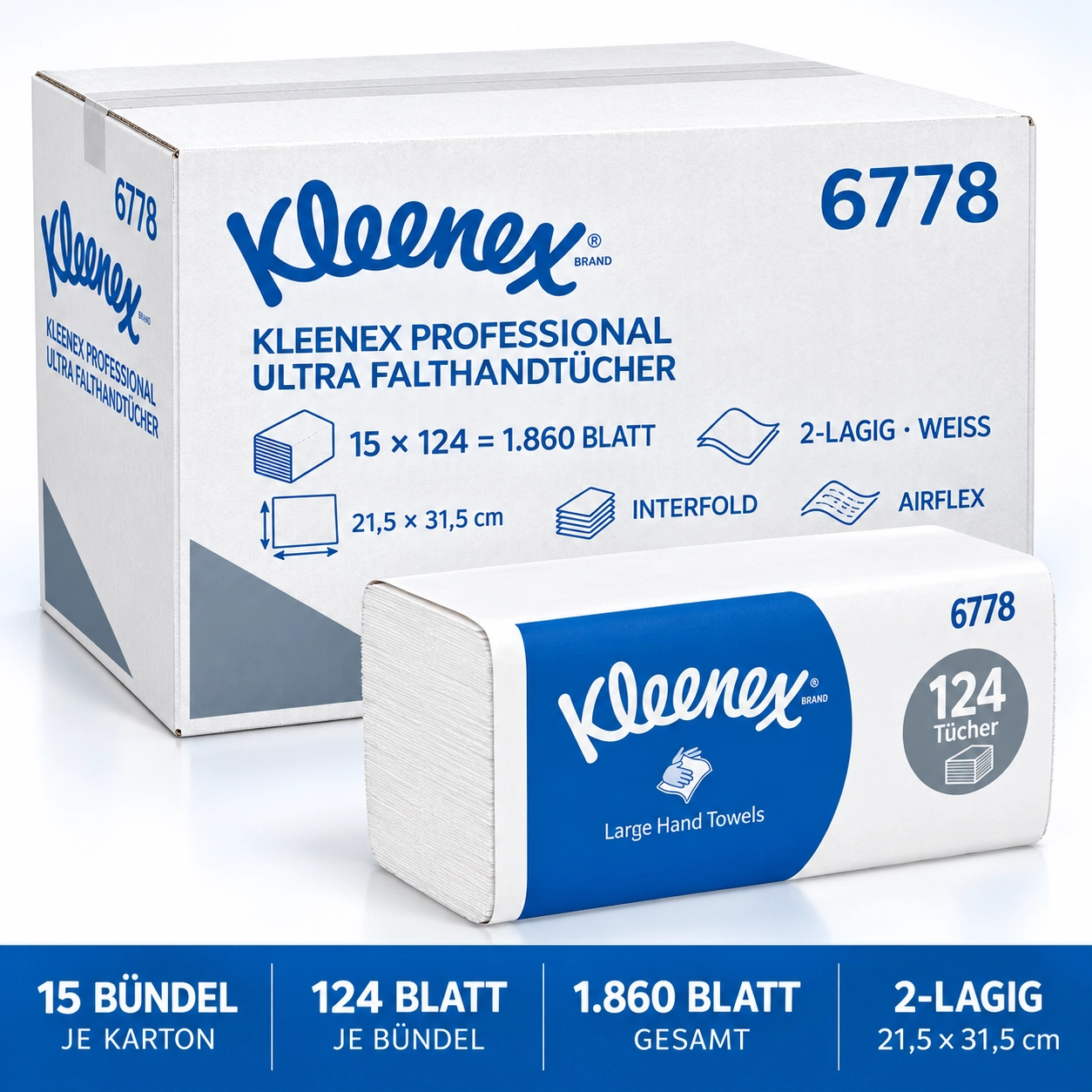 Kleenex Ultra 6778 Interfold Handtücher, 2-lagig, ca. 21,5 x 31,8 cm, 1’860 Blatt