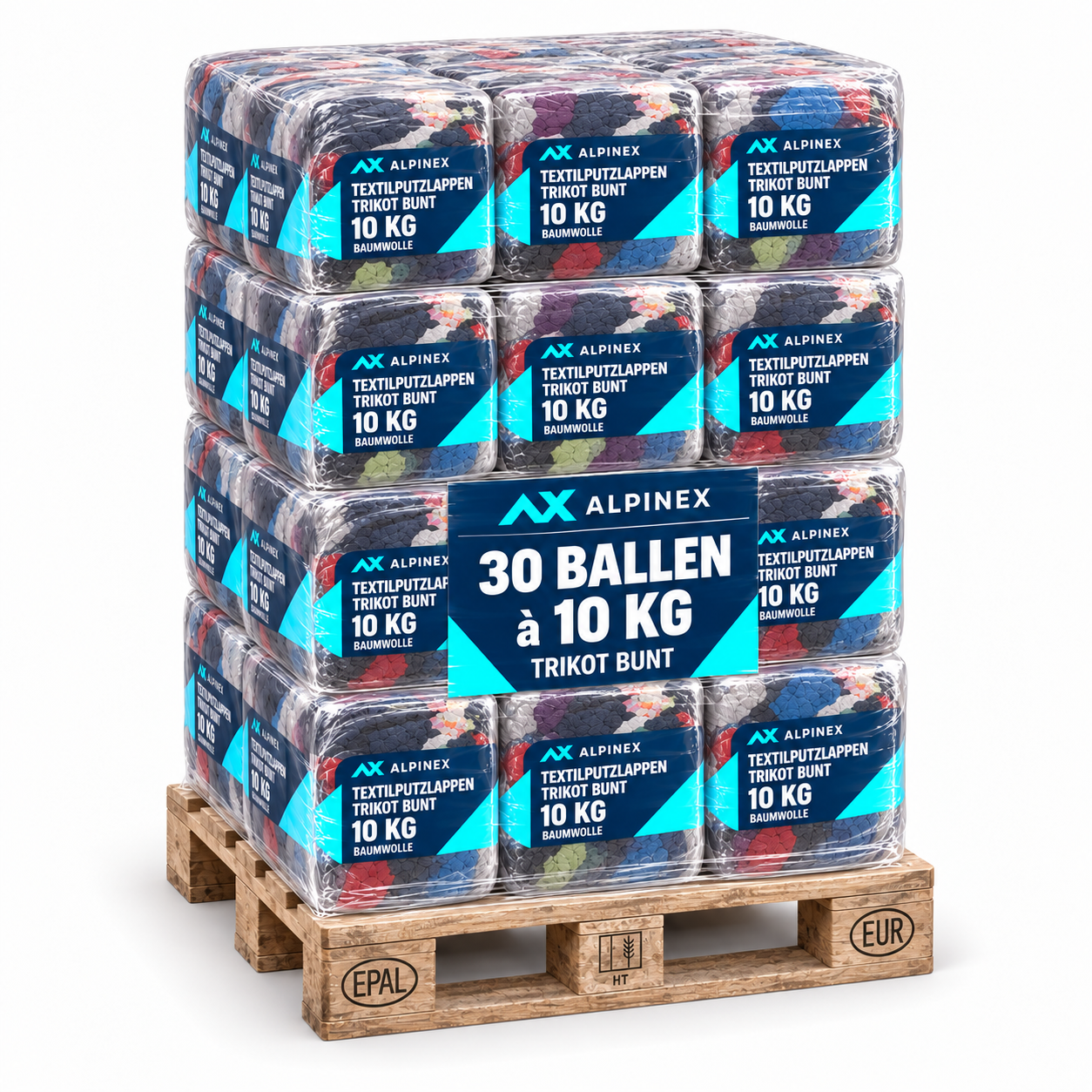 300 kg Alpinex Putzlappen Trikot bunt, 30 Packs à 10 kg, 1/2 Palette