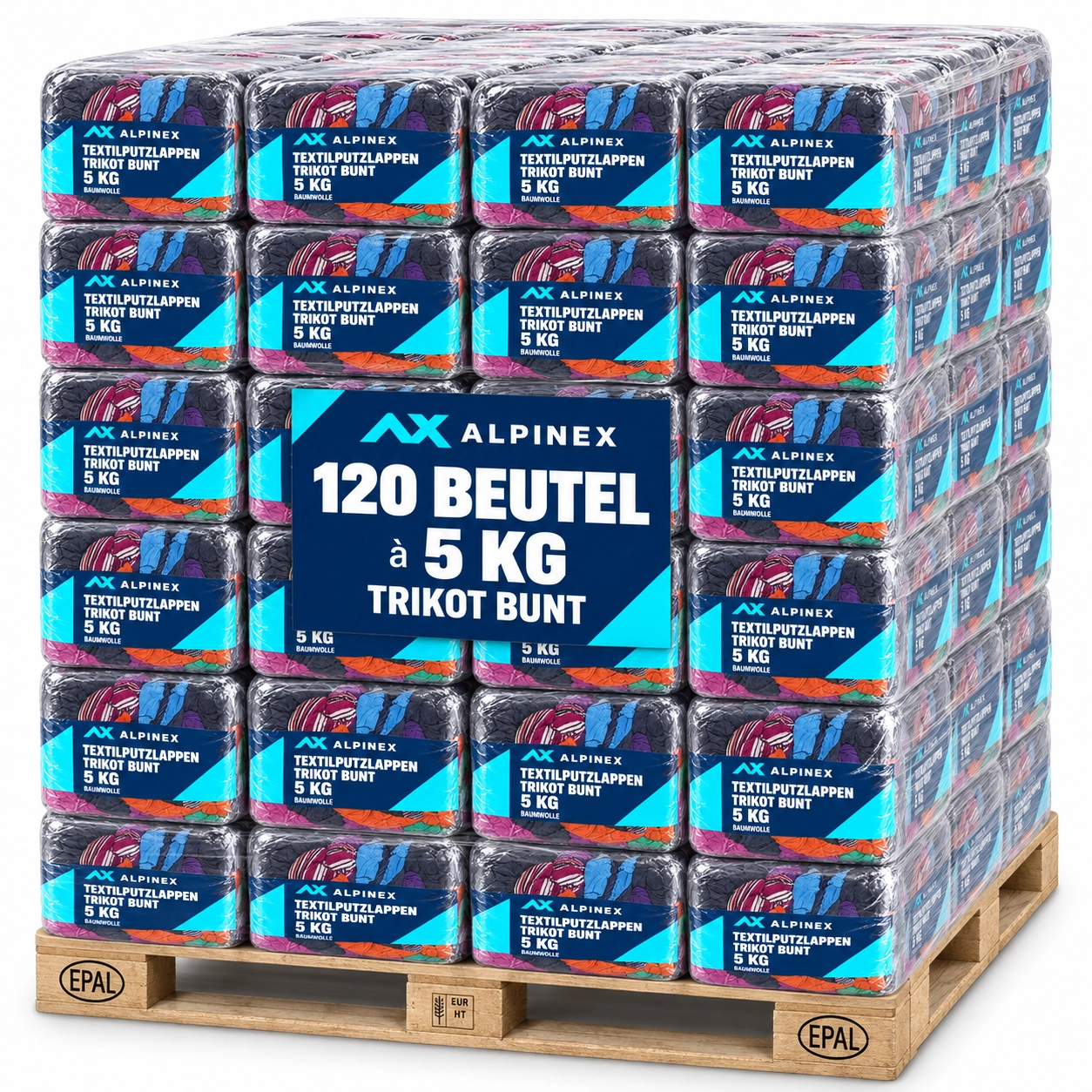600 kg Alpinex Putzlappen Trikot bunt, 120 Packs à 5 kg