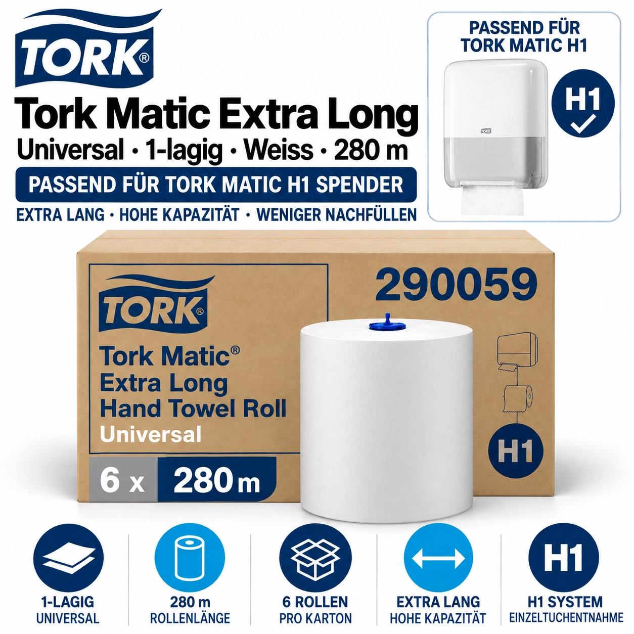 290059 - Tork Matic® Essuie-Mains rouleau extra long Universal Blanc H1